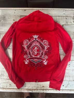 Juicy Couture Size XS Y2K Vintage Red Terry Hoodie Zip Up Sweatshirt